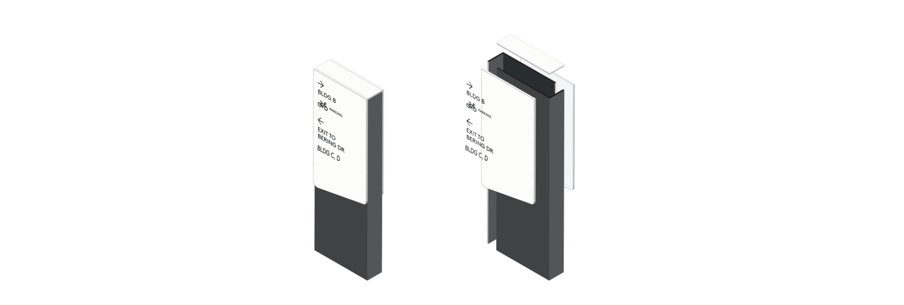 3D rendering of custom freestanding wayfinding monument sign showing panel construction and directional information for corporate campus navigation.