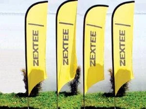 Outdoor feather flag banners used for event promotions and brand visibility at trade shows and activations