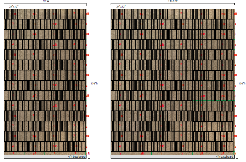 Acoufelt Fracture Barcode acoustic wall elevation in Quartz color showing full-height PET felt panel installation for commercial interiors.