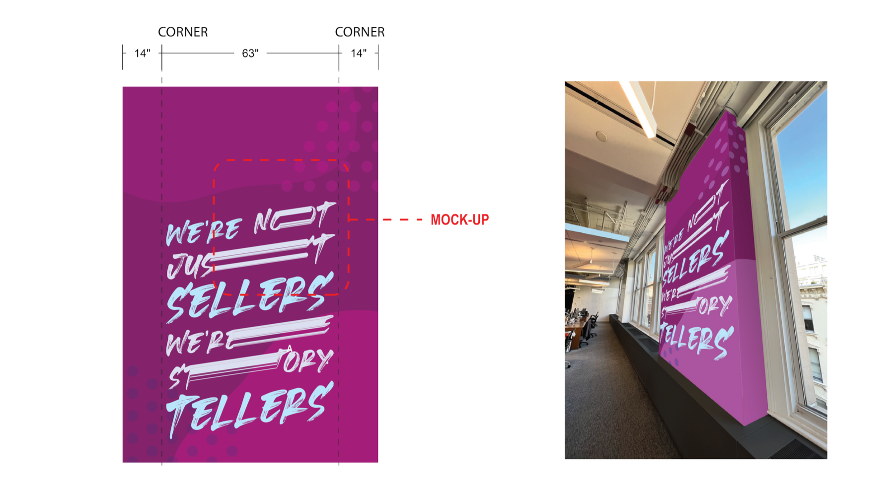 Design and installed view of vertical branded wall graphic at eBay New York office featuring workplace messaging as part of environmental graphics program