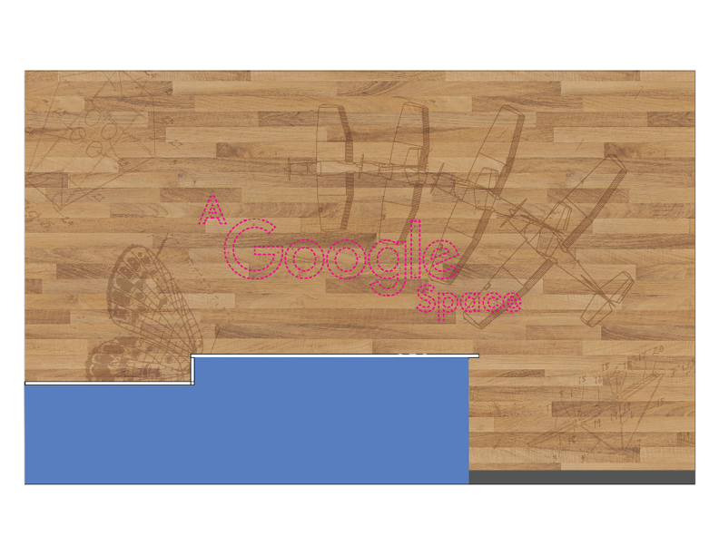 Google environmental graphics installed on wood feature wall with dimensional lettering for modern corporate office interior.