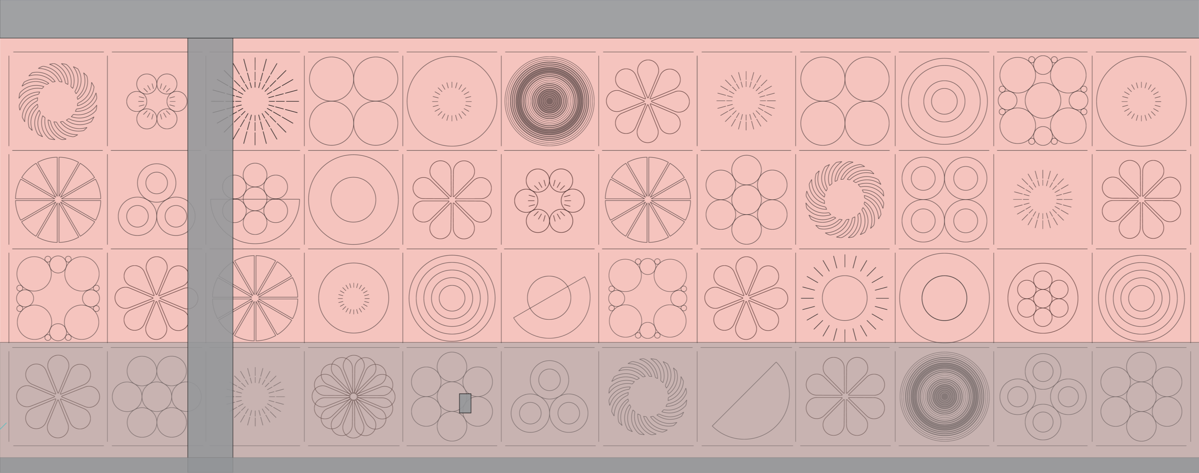 Geometric pattern wallcovering design proof for the Gibraltar project showing panel layout and alignment for large-scale commercial environmental graphics installation