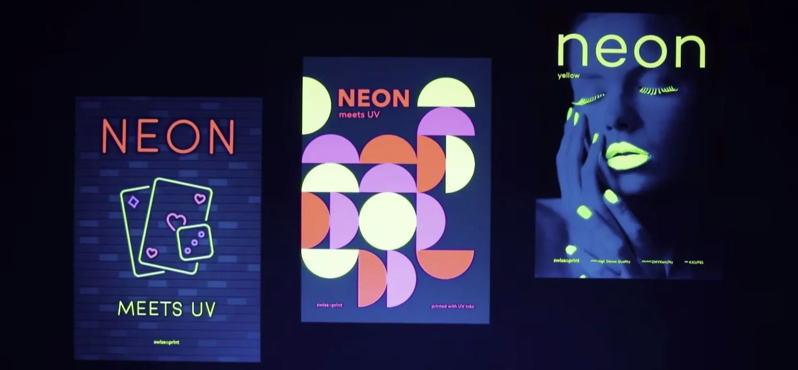 Bright fluorescent neon graphics created with specialty UV printing for high-impact visual displays.