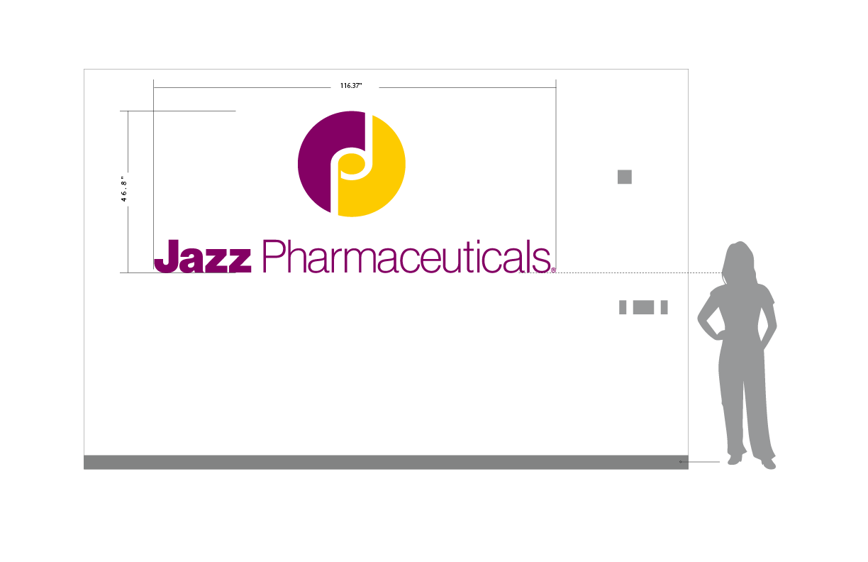 Jazz Pharmaceuticals dimensional logo and text wall mockup with scale figure showing placement and size for office branding installation.