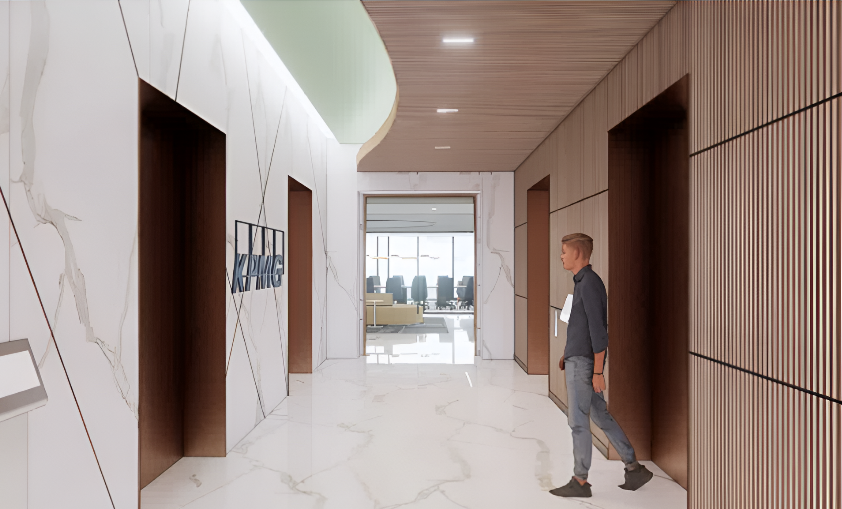 Environmental mockup of KPMG dimensional wall logo installed in a modern corporate lobby corridor in Minneapolis, Minnesota.