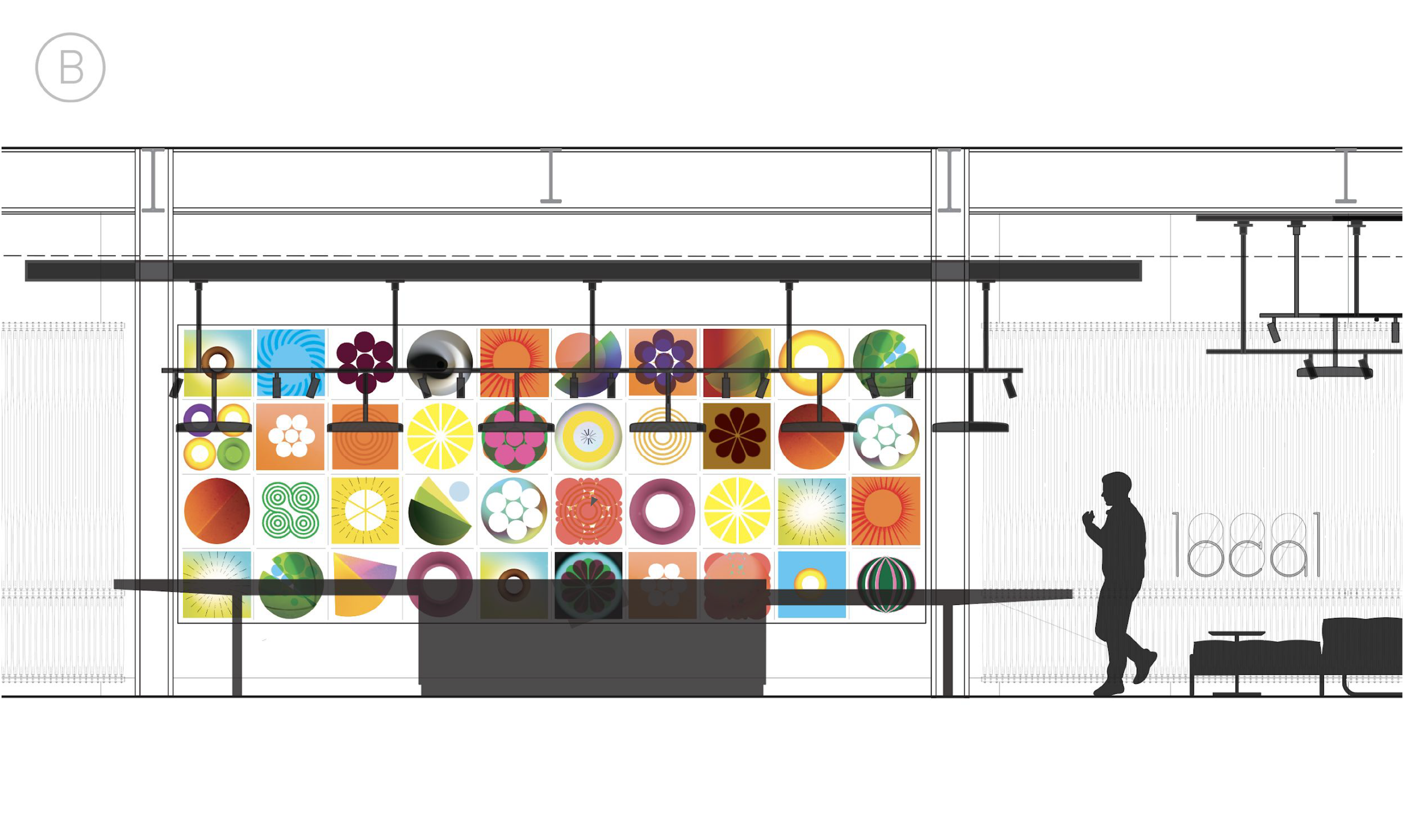 Color elevation rendering showing final geometric tile wallcovering layout and environmental graphics placement for the Humboldt commercial interior project