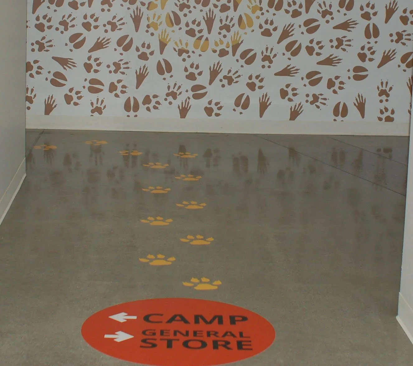 Branded floor graphics with footprint path guiding visitors through retail environment