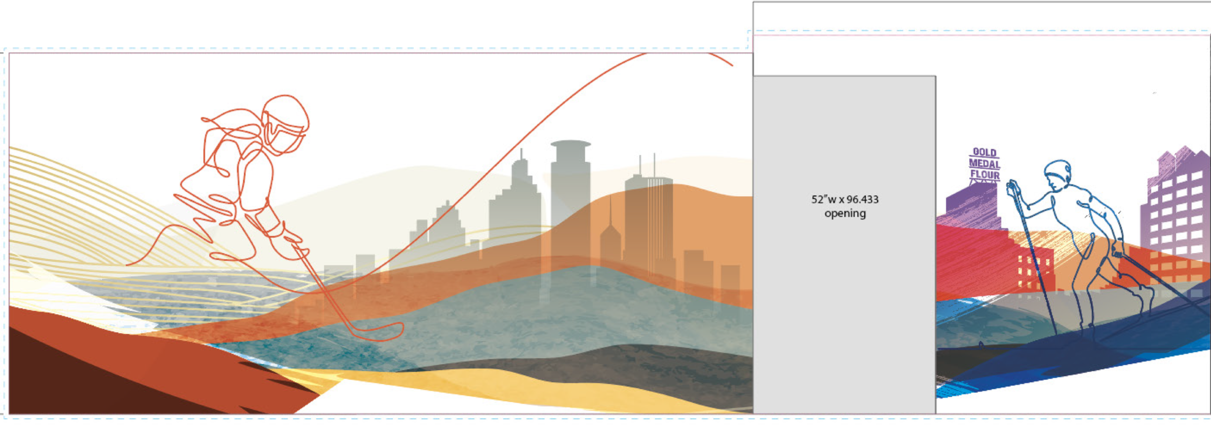 Final design layout for large-scale environmental wallcovering with dimensional rope elements and illustrated landscape graphics for a KPMG hallway in Minneapolis, Minnesota.