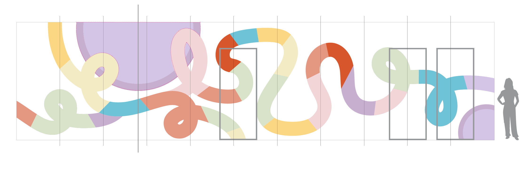 Abstract environmental graphics wall elevation design with flowing multicolor shapes spanning across door openings for  branding 