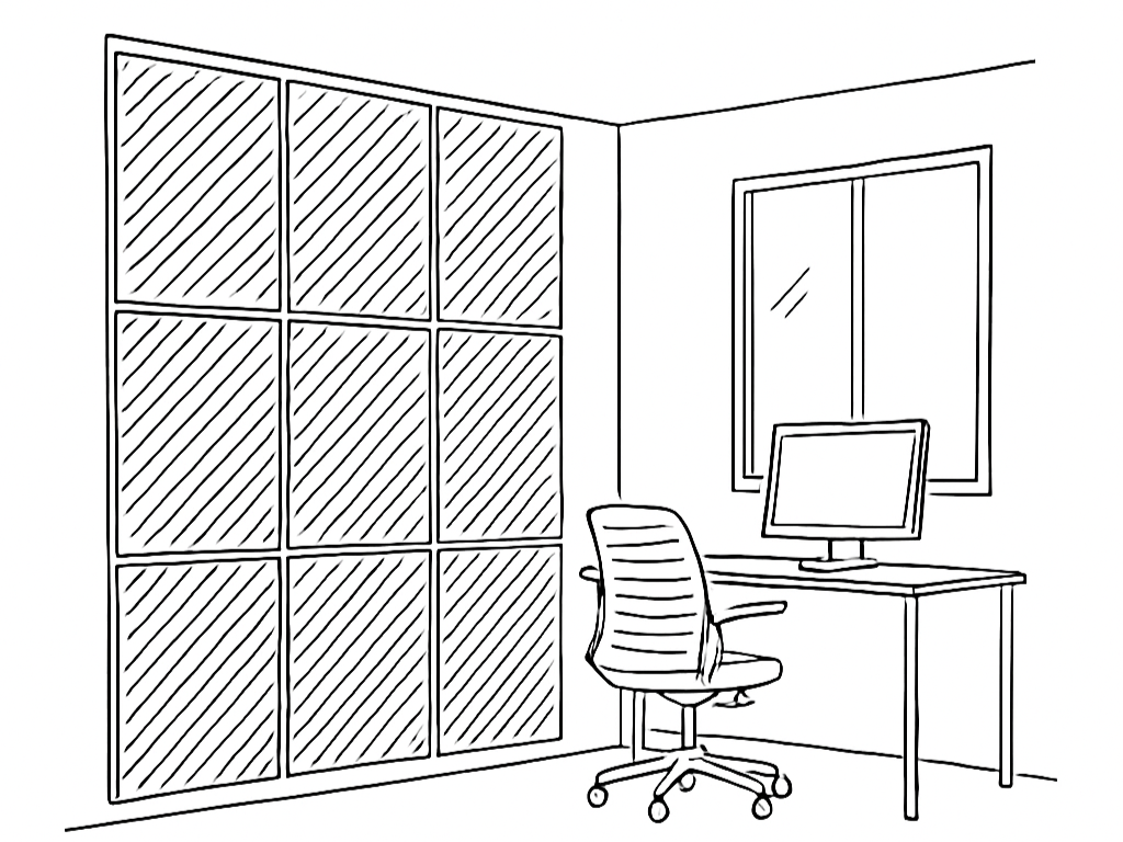 Illustration of acoustic wall panels installed in office to improve sound control and reduce echo in workspace