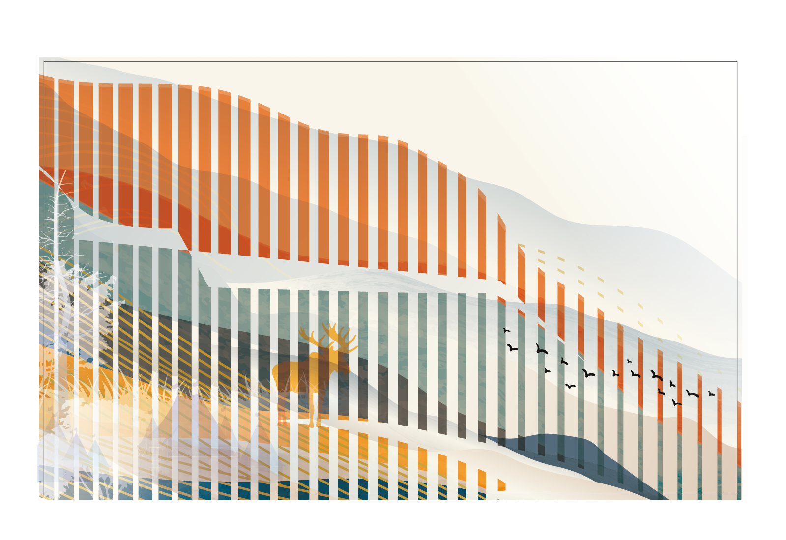 Final design artwork for custom textured wallcovering with dimensional rope elements creating a landscape-inspired feature for the KPMG south hallway in Minneapolis, Minnesota.