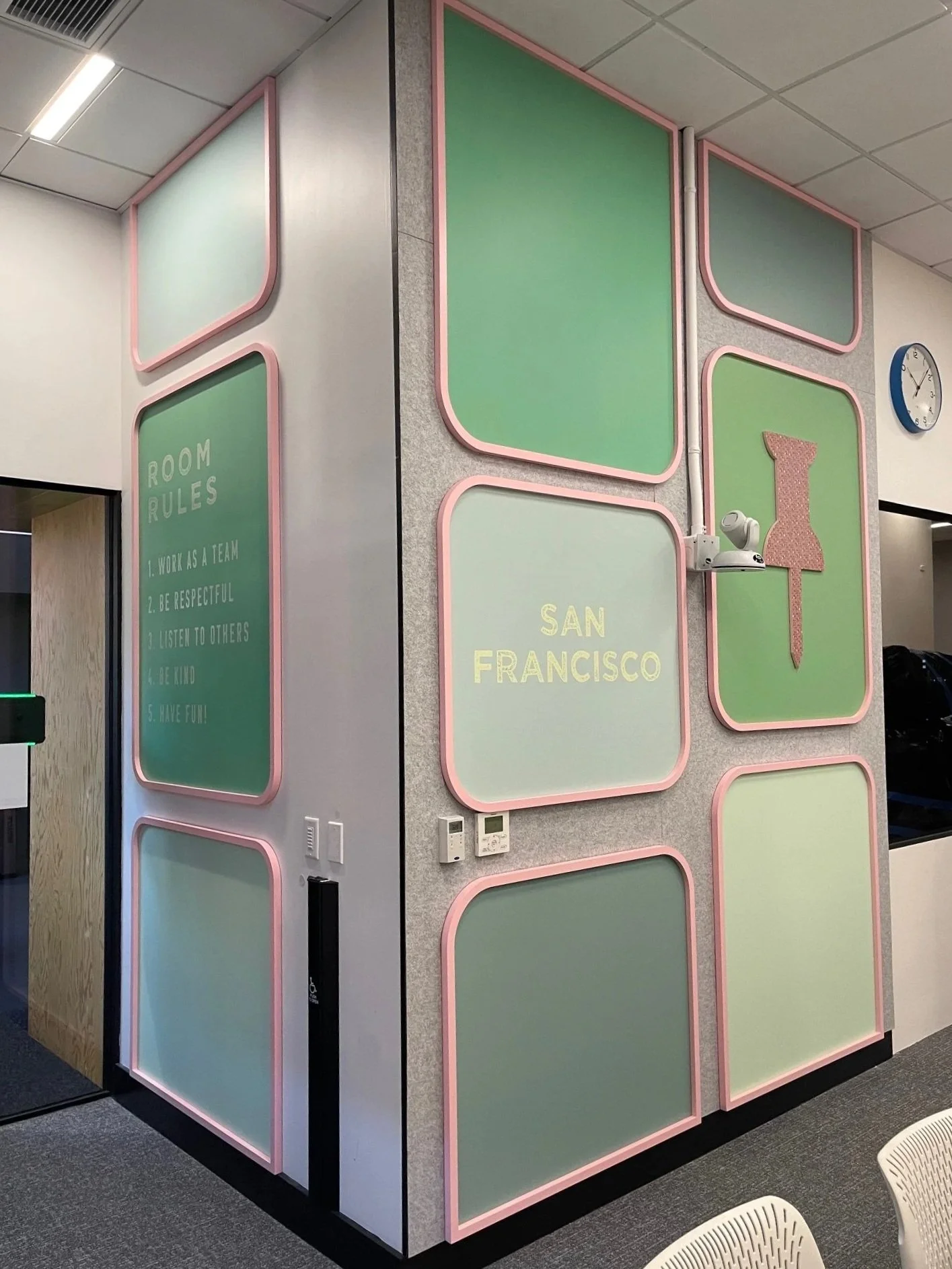 Pinterest San Francisco office corner featuring dimensional wall panels with layered environmental graphics and custom color detailing installed by JP Digital.