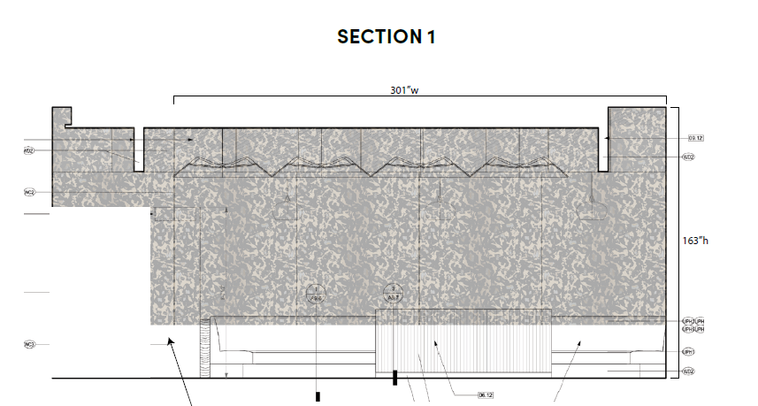 Wallpaper elevation mockup showing scaled wall layout, panel alignment, and design placement for commercial wallcovering installation planning.