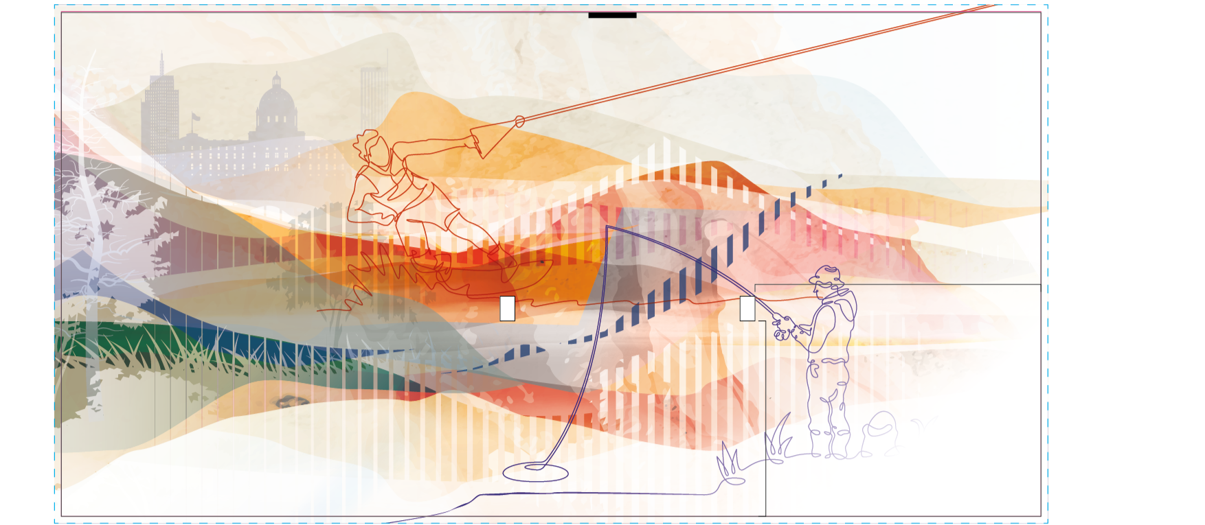 Final environmental graphics design for custom textured wallcovering with dimensional rope elements and illustrated landscape concept for the KPMG south entry in Minneapolis, Minnesota.