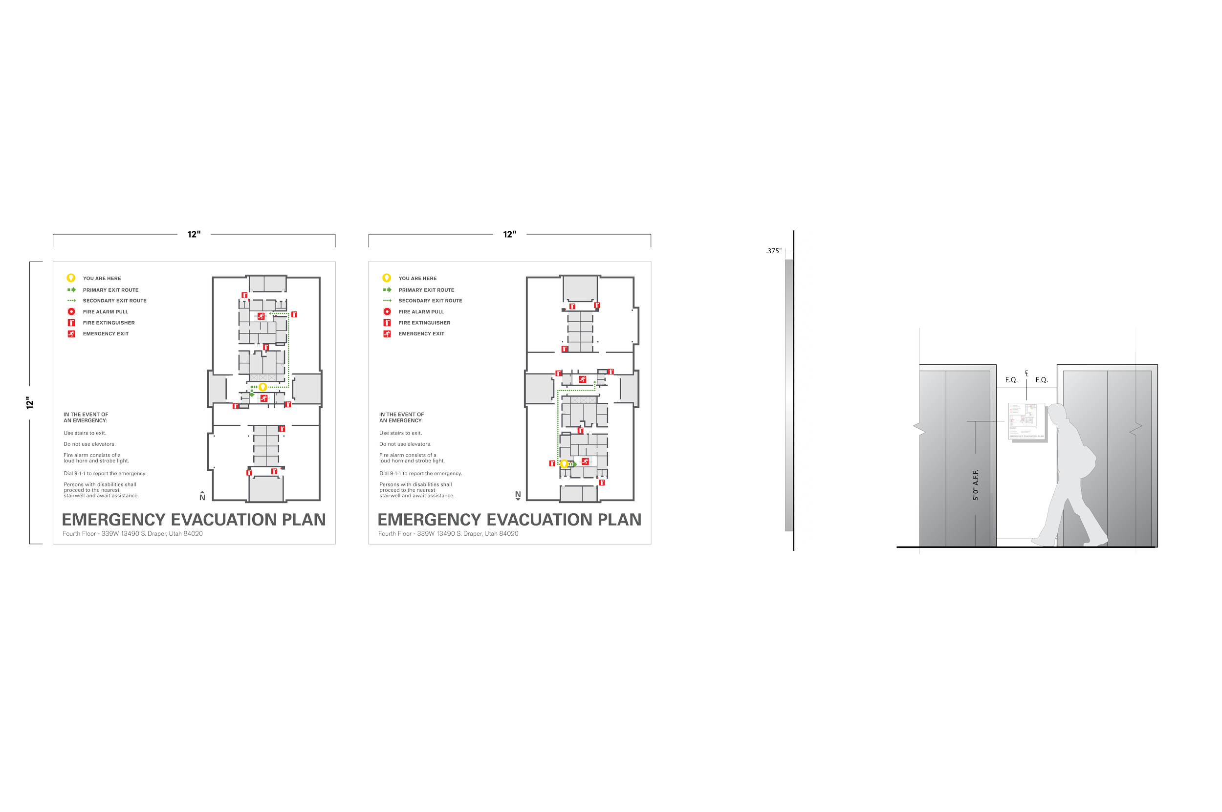 Emergency evacuation plan signage elevation and mounting detail showing life safety map placement at eBay Salt Lake City by JP Digital Imaging