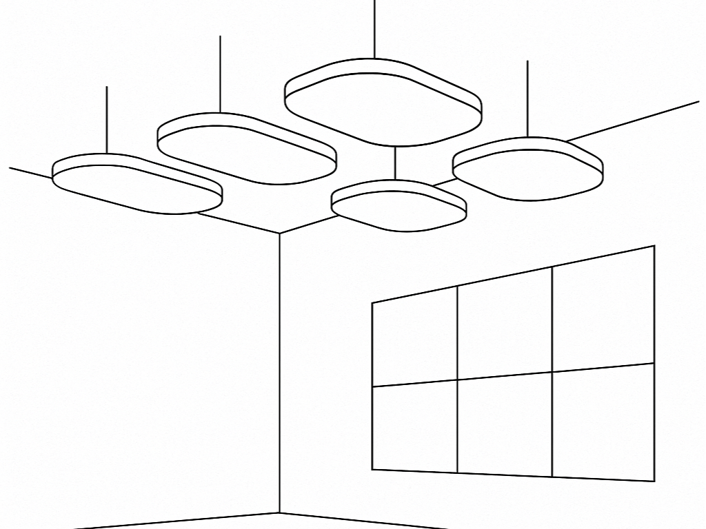 Illustration of suspended acoustic cloud panels installed above workspace to improve speech clarity and reduce noise