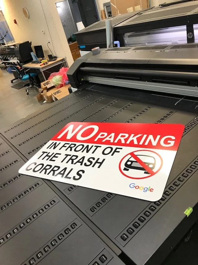 Large-format printed safety signage for no parking zone created to support facility operations and workplace safety