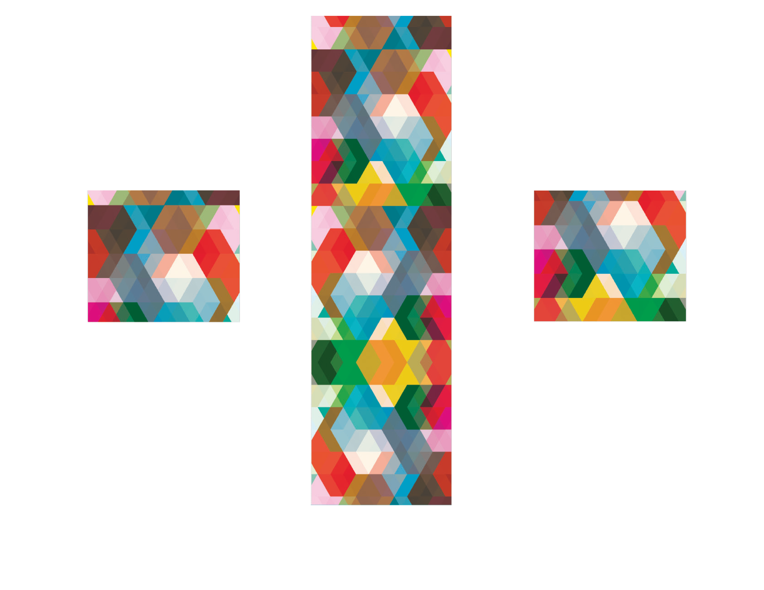 Colorful geometric pattern commercial wallcovering with layered hexagon shapes for modern office or interior branding