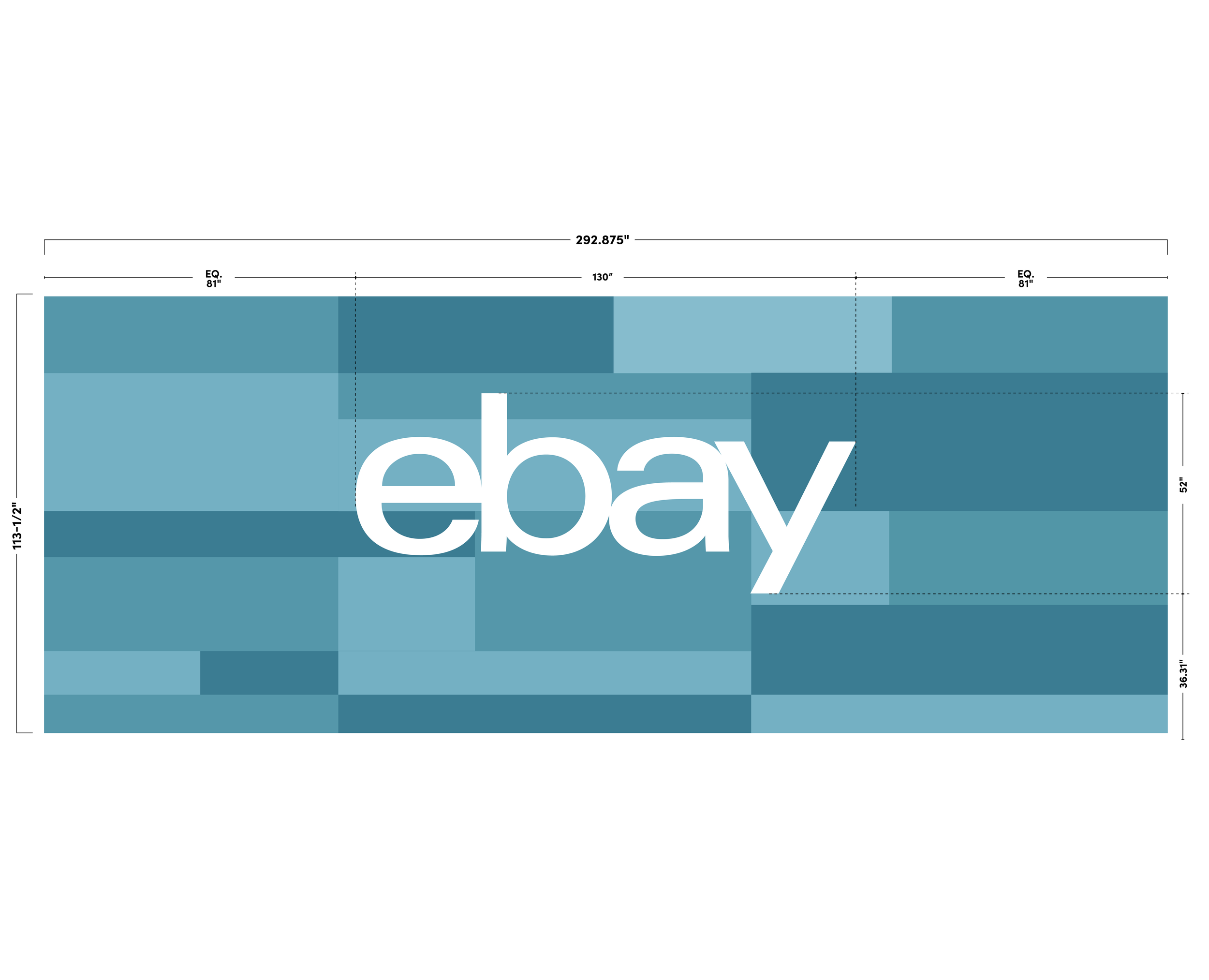 Elevation design proof for eBay Austin custom wallcovering showing layered graphic panels and logo placement for large-format environmental installation.