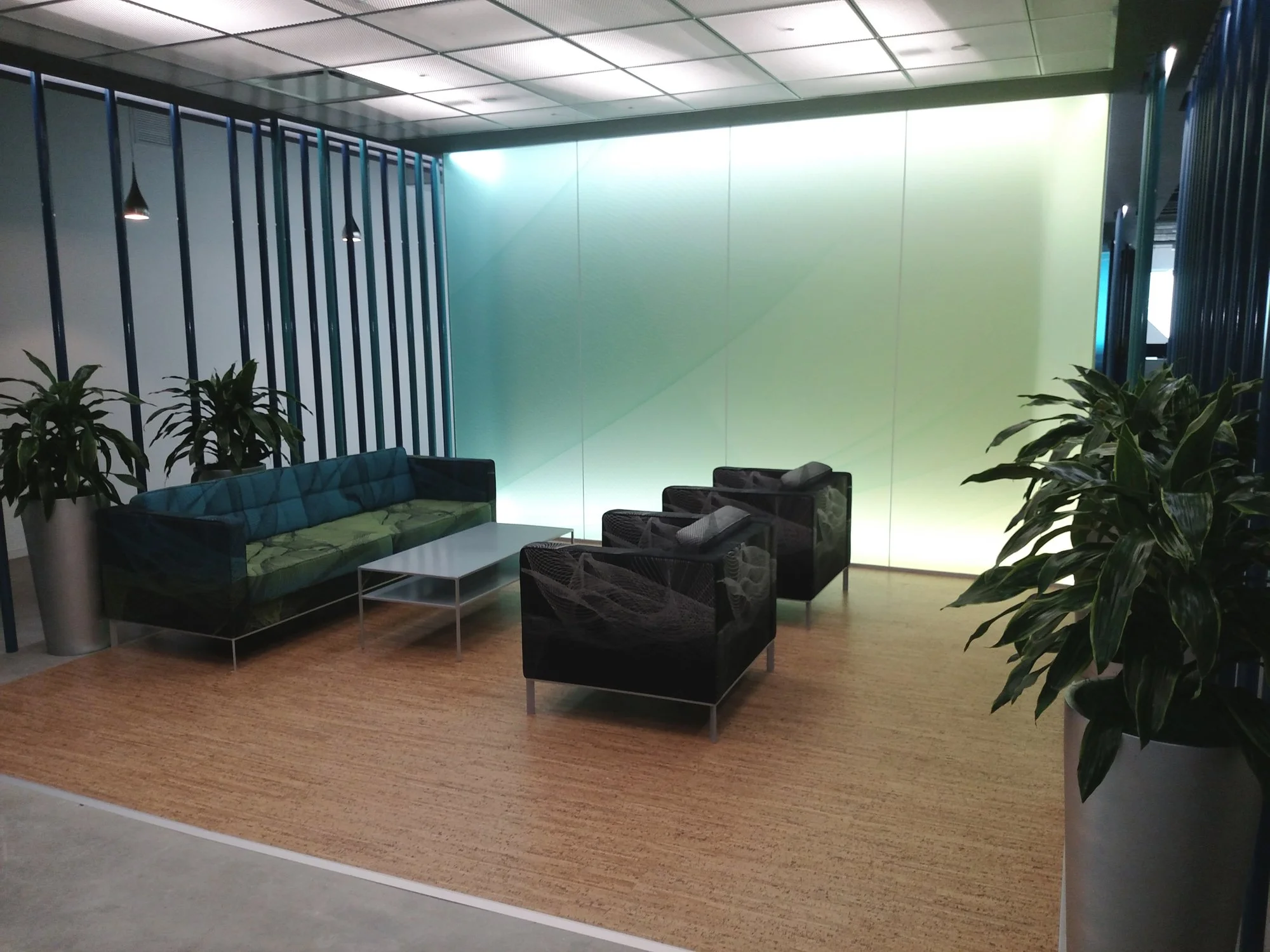 Gradient privacy window film installed on office glass wall to create a modern collaborative workspace with light diffusion.