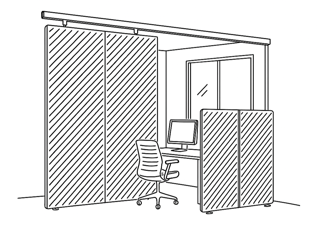 Modular acoustic partition screens designed to define workspace zones and minimize sound transfer between employees