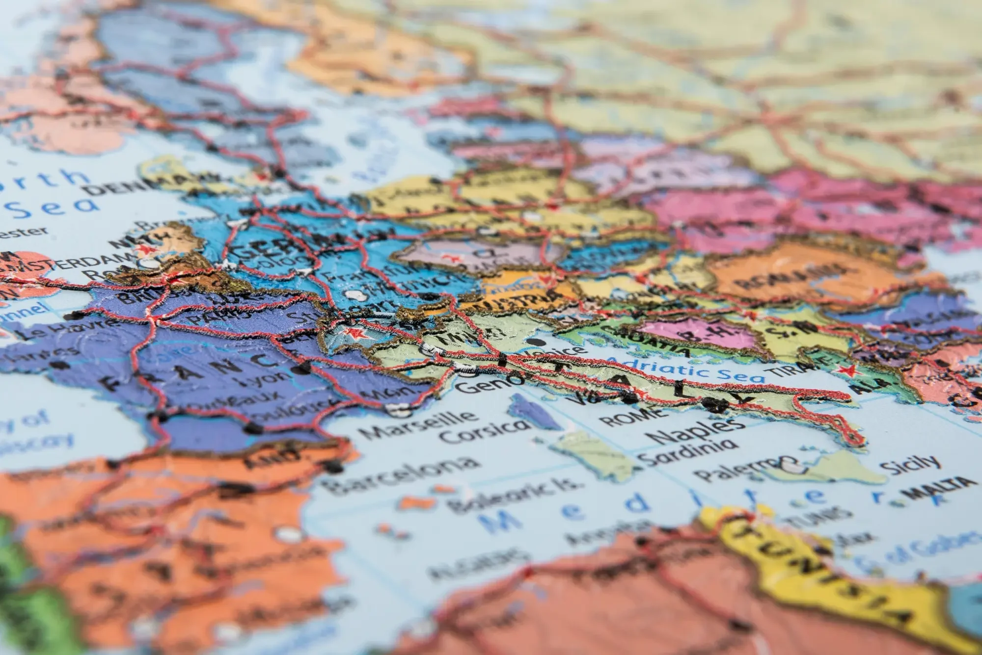 Close-up of a dimensional map produced with raised ink tactile printing using UV flatbed technology.