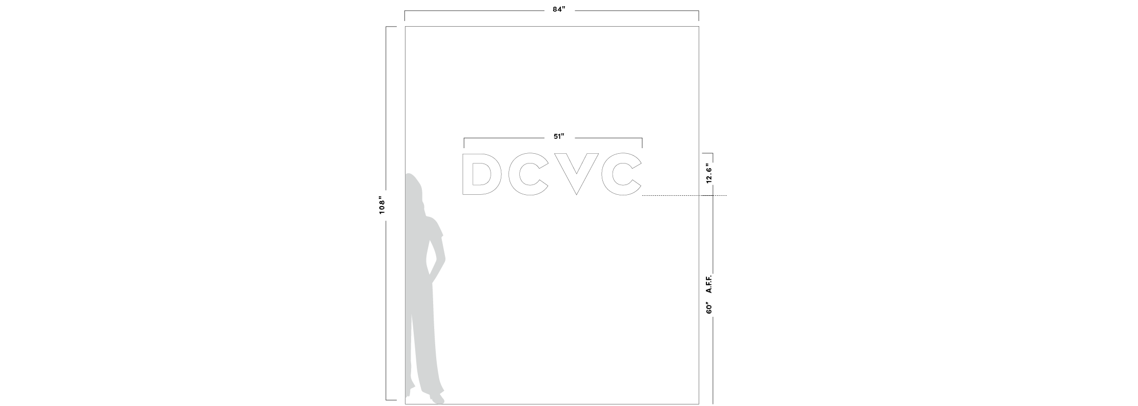 Dimensional layout drawing for DCVC wall logo showing scale and placement for corporate environmental branding installation.