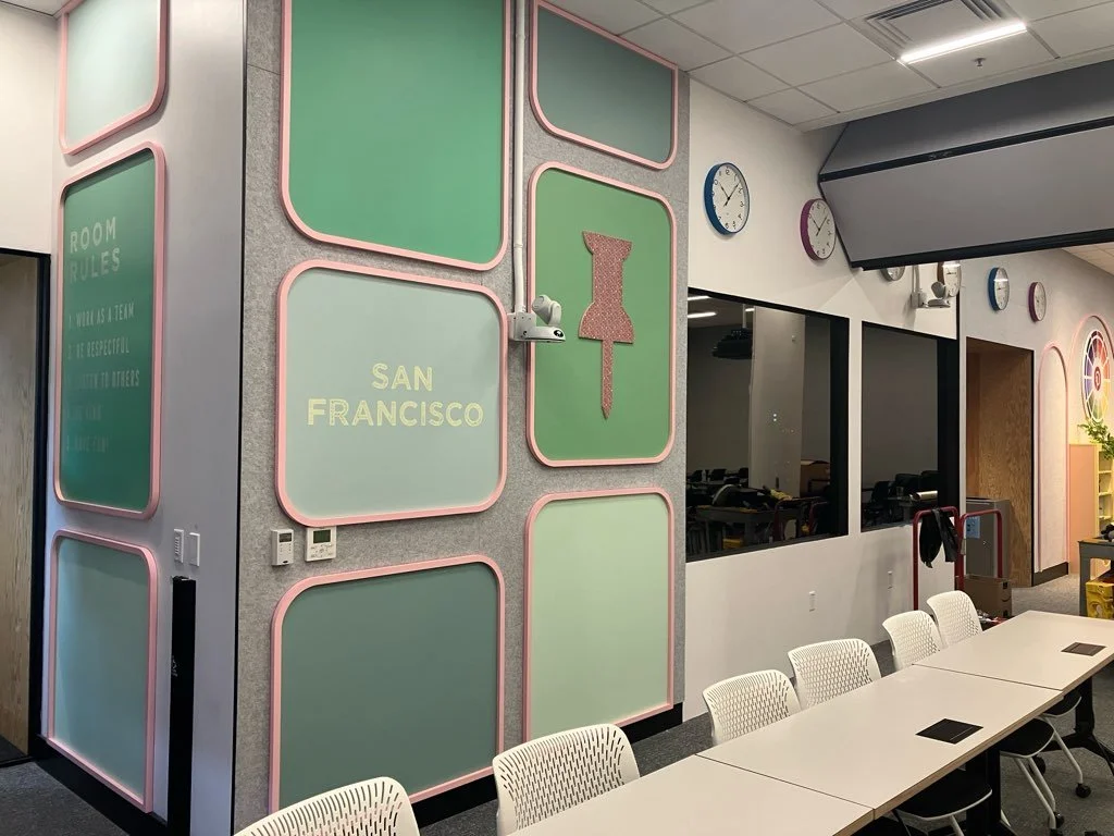 Installed Pinterest branded text wall panels in San Francisco office, showcasing custom environmental graphics and workplace storytelling by JP Digital.