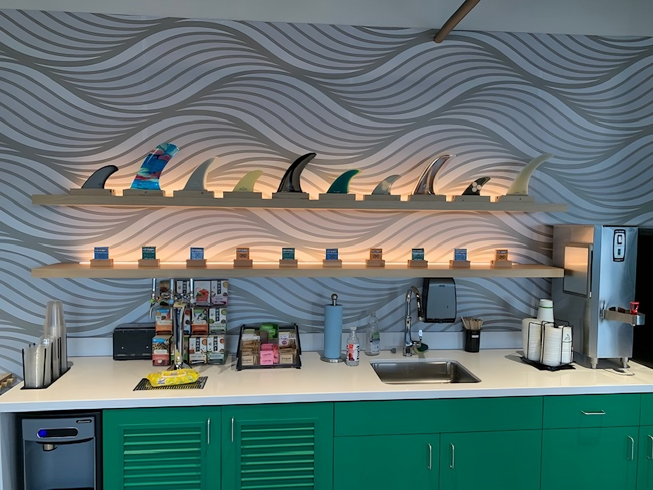 Wide interior view of custom 3D architectural wall elements at Google Santa Cruz, showcasing a large-scale dimensional environmental graphics installation.