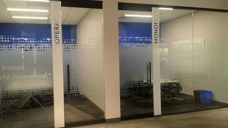 Conference room glass with horizontal privacy band window film for workplace privacy