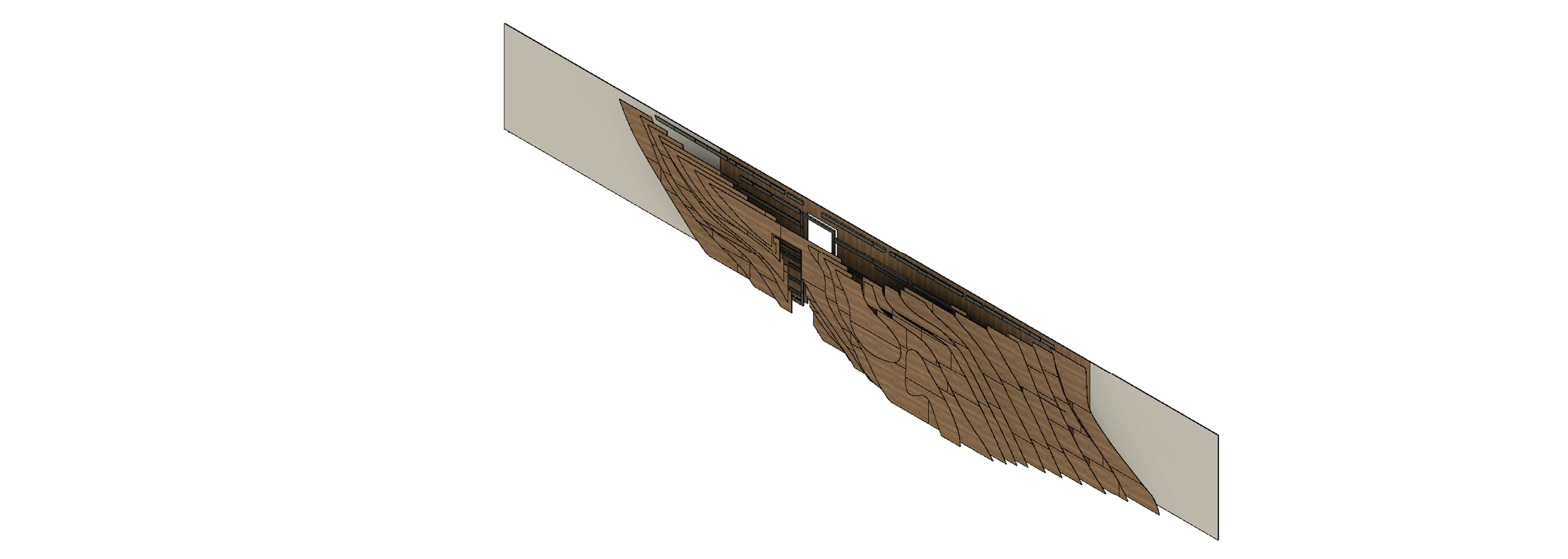 Detail rendering of curved architectural wood panel integrated with environmental graphic wall system for fabrication at the KPMG San Jose office.