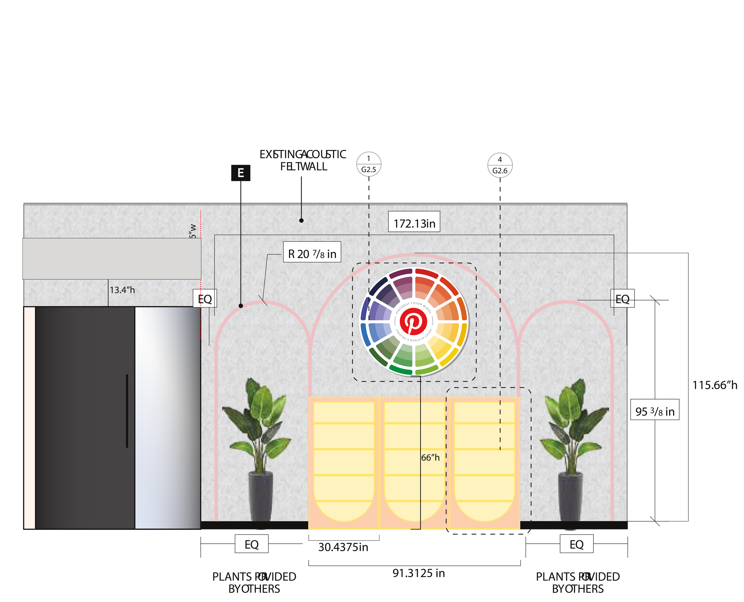 Full elevation mockup of Pinterest feature wall with color wheel graphic and custom cabinet design for a San Francisco office, showing environmental branding layout by JP Digital.