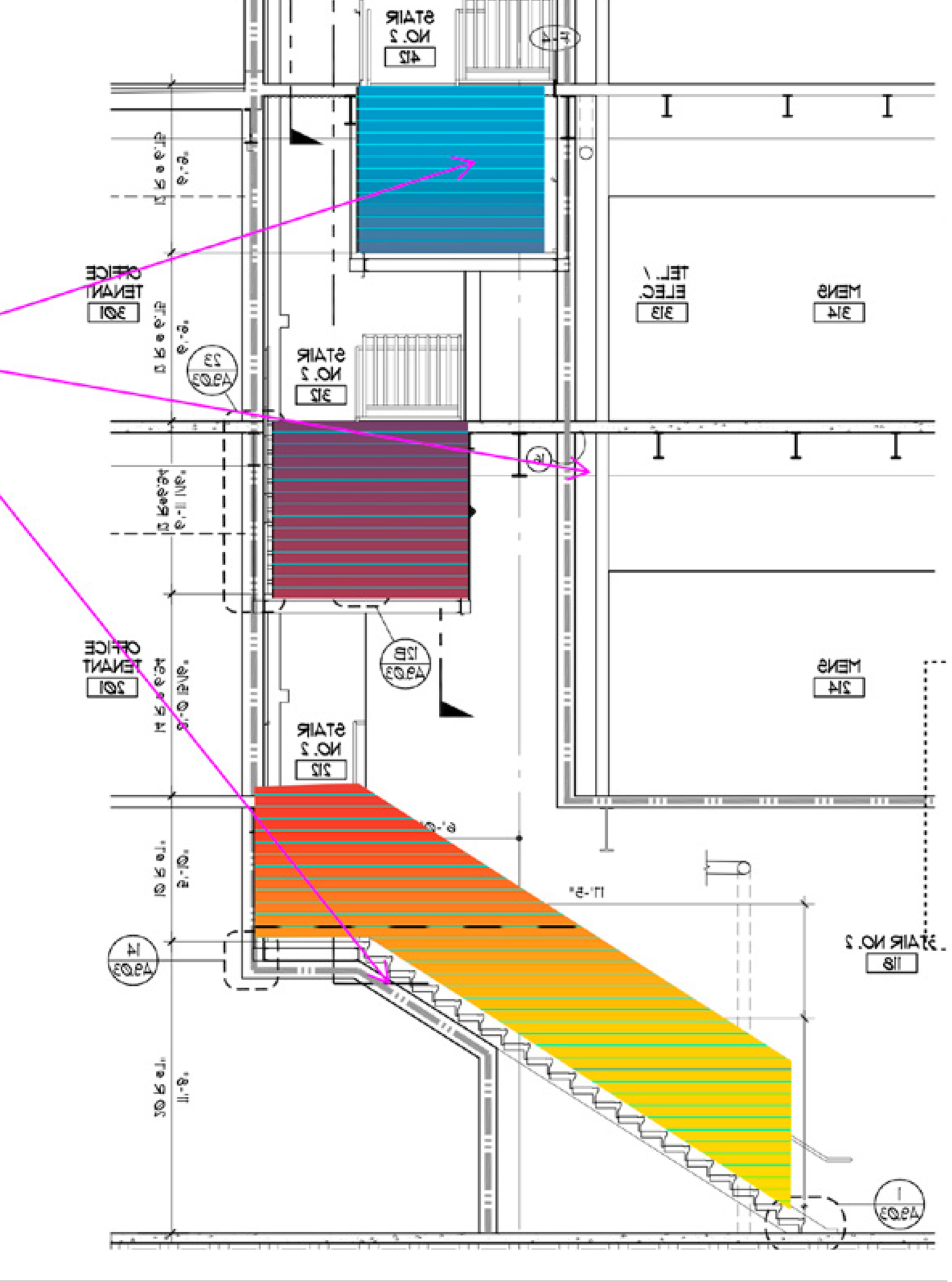 Design proof for custom stair wallcovering graphics at Google Santa Cruz, showing color blocking and visual concept prior to production.