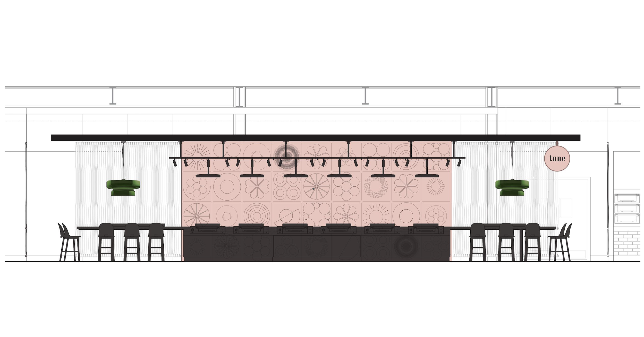 Architectural elevation showing custom wallcovering layout and environmental graphics placement for the Humboldt commercial interior project