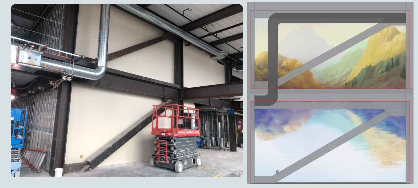 Pre-construction commercial interior with lift equipment and wallcovering design mockups showing planning for custom environmental graphics installation