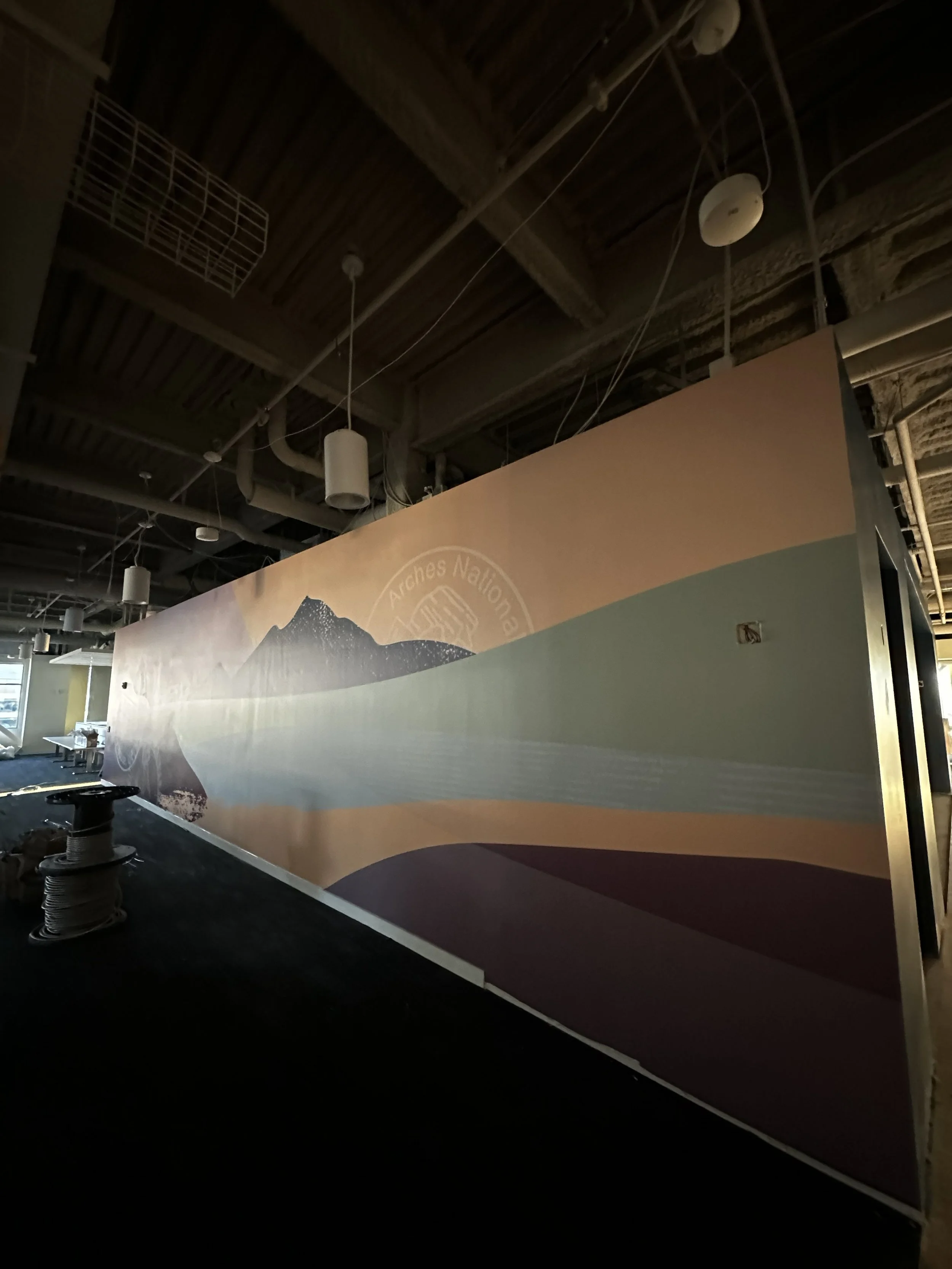 Panoramic hallway wallcovering installation showing full-length environmental graphic at eBay Salt Lake City by JP Digital Imaging