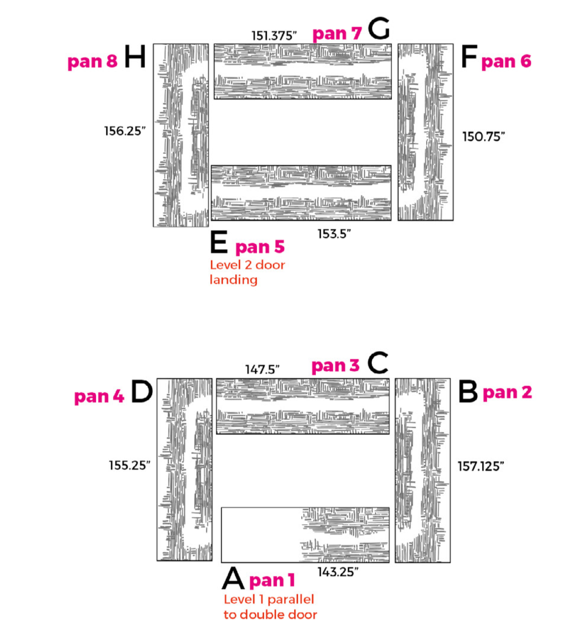 Technical layout drawing for custom stair environmental graphics at Google Santa Cruz, detailing dimensions, placement, and installation planning.