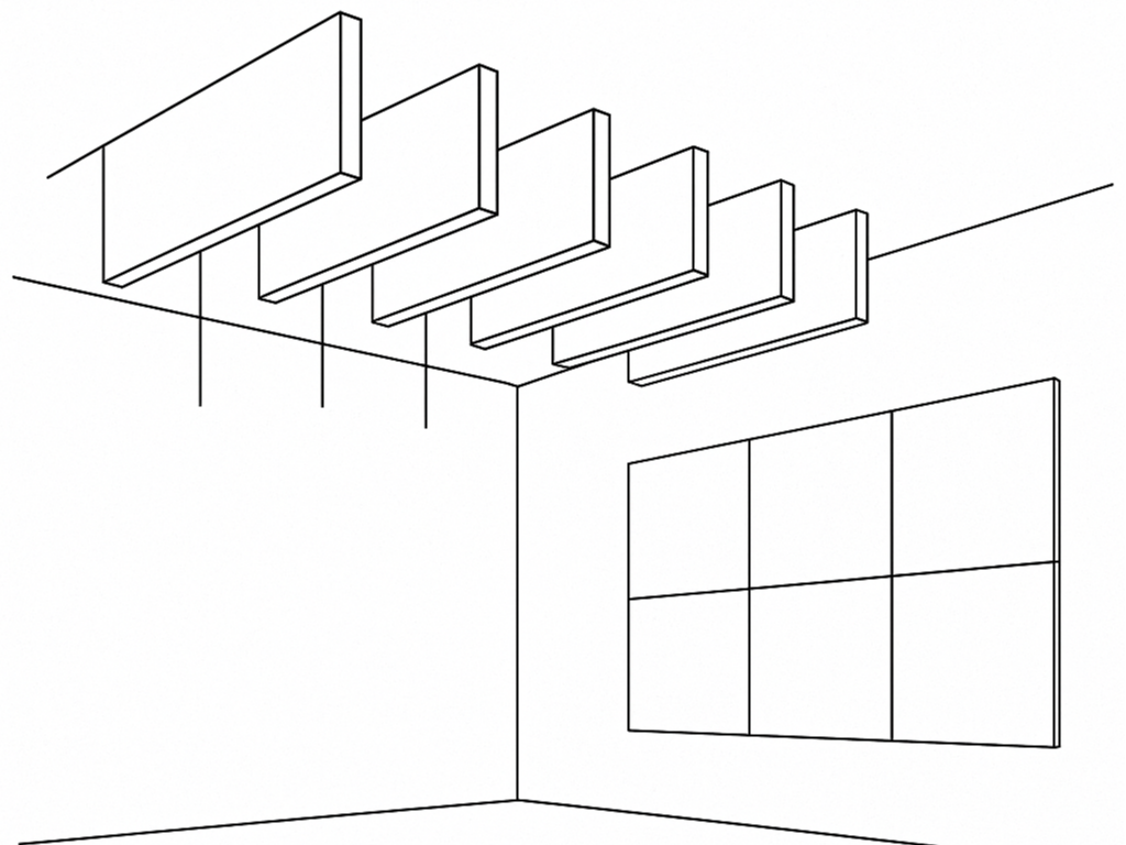 Illustration of acoustic ceiling baffles installed in open office to reduce noise and control reverberation
