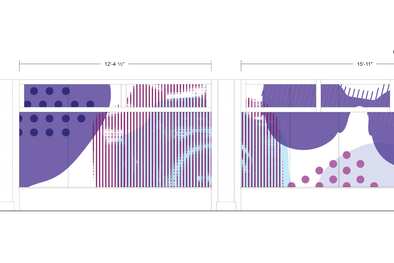 Design intent concept for eBay New York office glass film showing branded purple environmental graphic pattern for workplace glazing