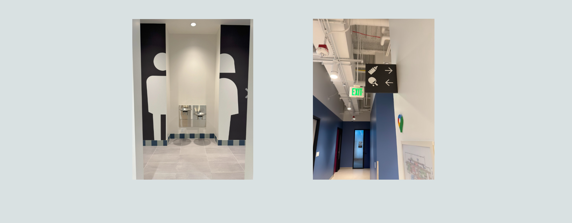 ADA-compliant restroom environmental graphics and interior wayfinding signage installed for accessible navigation in modern corporate office environment.