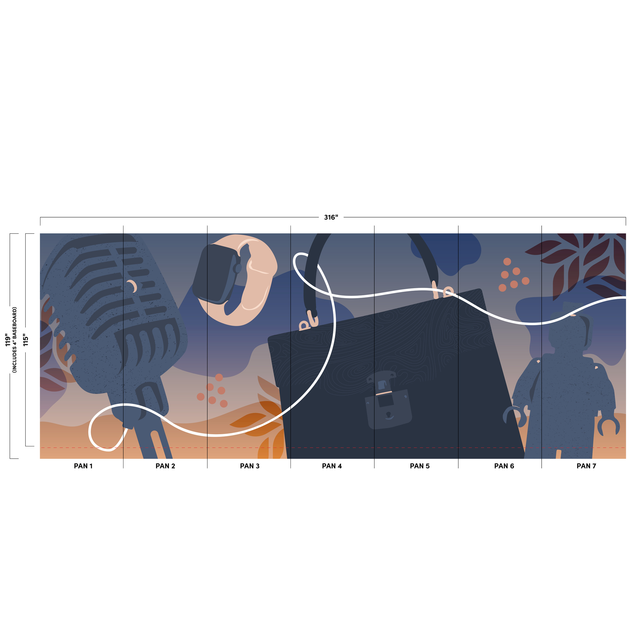 Concept design proof for eBay Austin custom wallcovering featuring abstract instrument-inspired graphics for large-scale environmental branding installation.