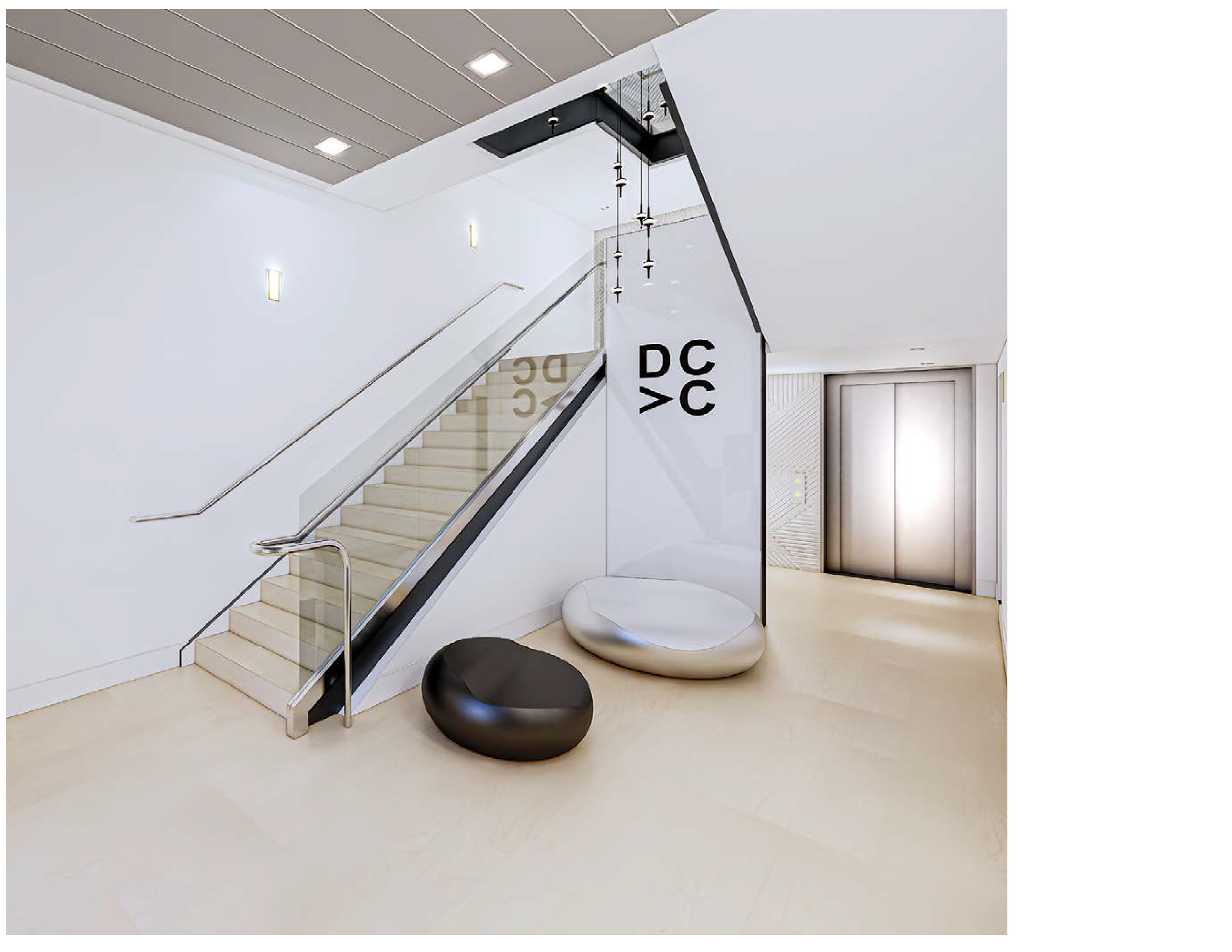 Corporate interior stair and elevator lobby featuring DC environmental graphics and branded wayfinding design for modern office navigation.