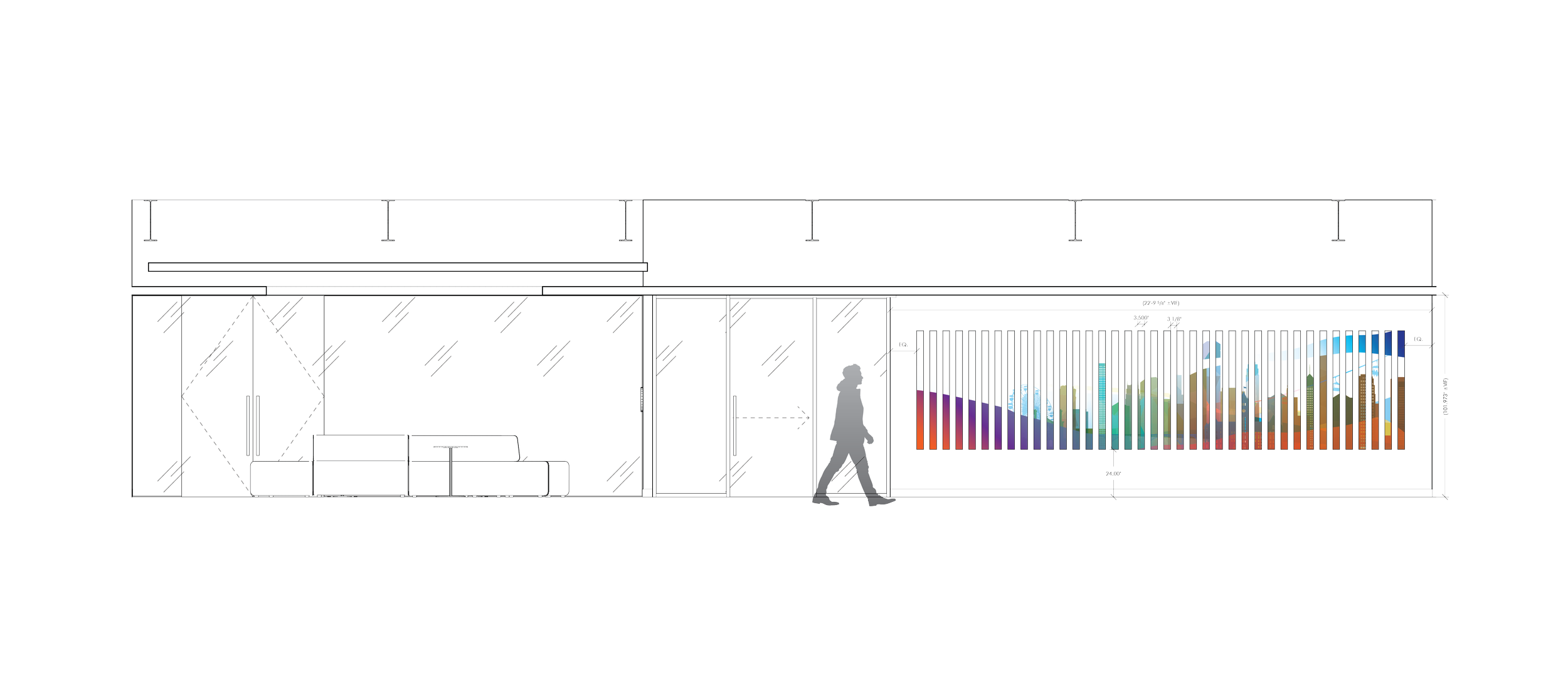 Elevation mockup of custom acrylic 3D feature wall inspired by a city skyline in the KPMG reception area in Minneapolis, Minnesota.
