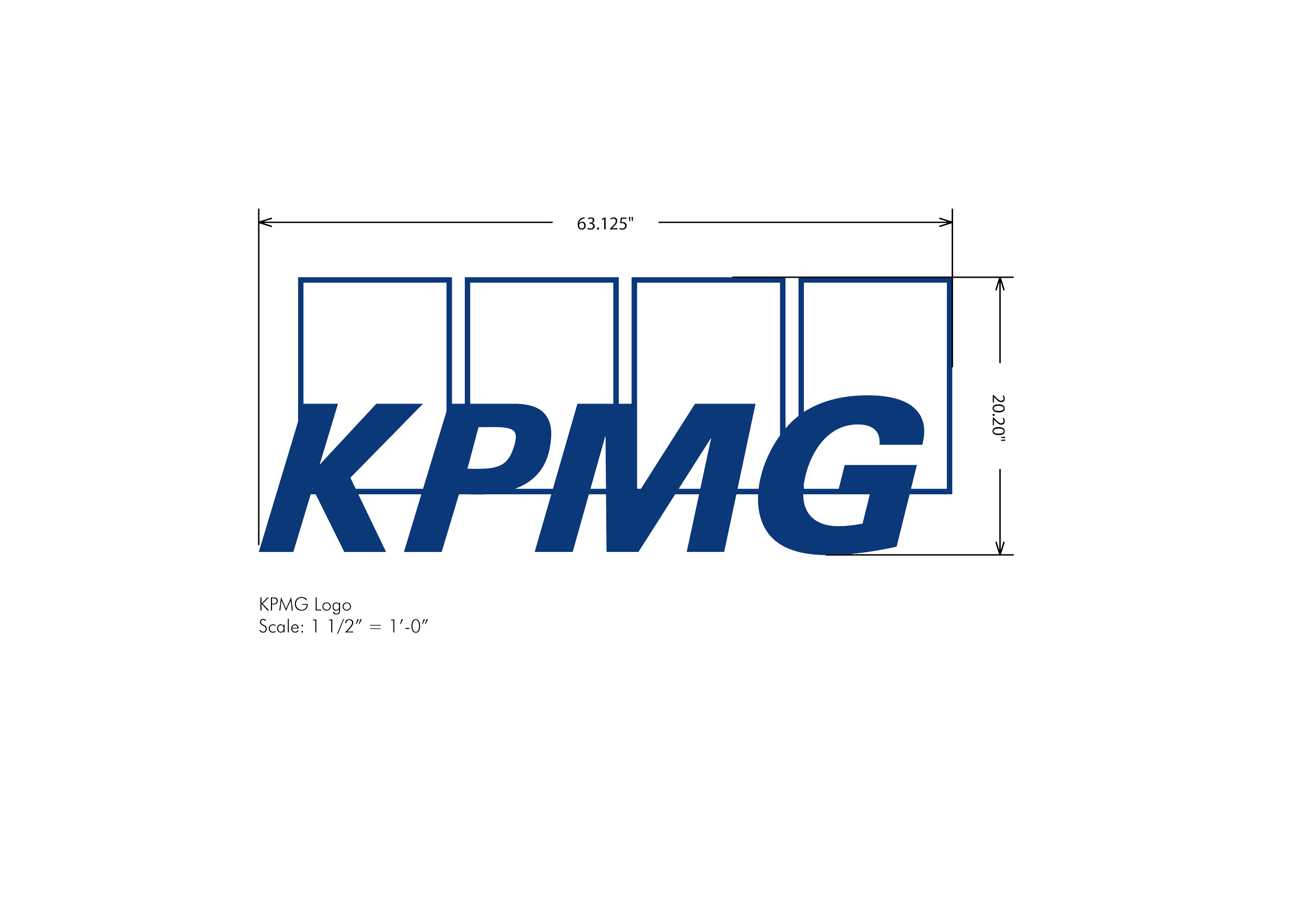 Front view mockup of KPMG dimensional logo signage for corporate office branding in Minneapolis, Minnesota.
