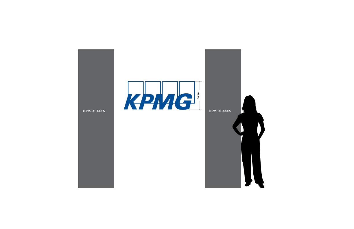 KPMG dimensional wall logo mockup with human scale reference between architectural columns for a corporate office in Minneapolis, Minnesota.