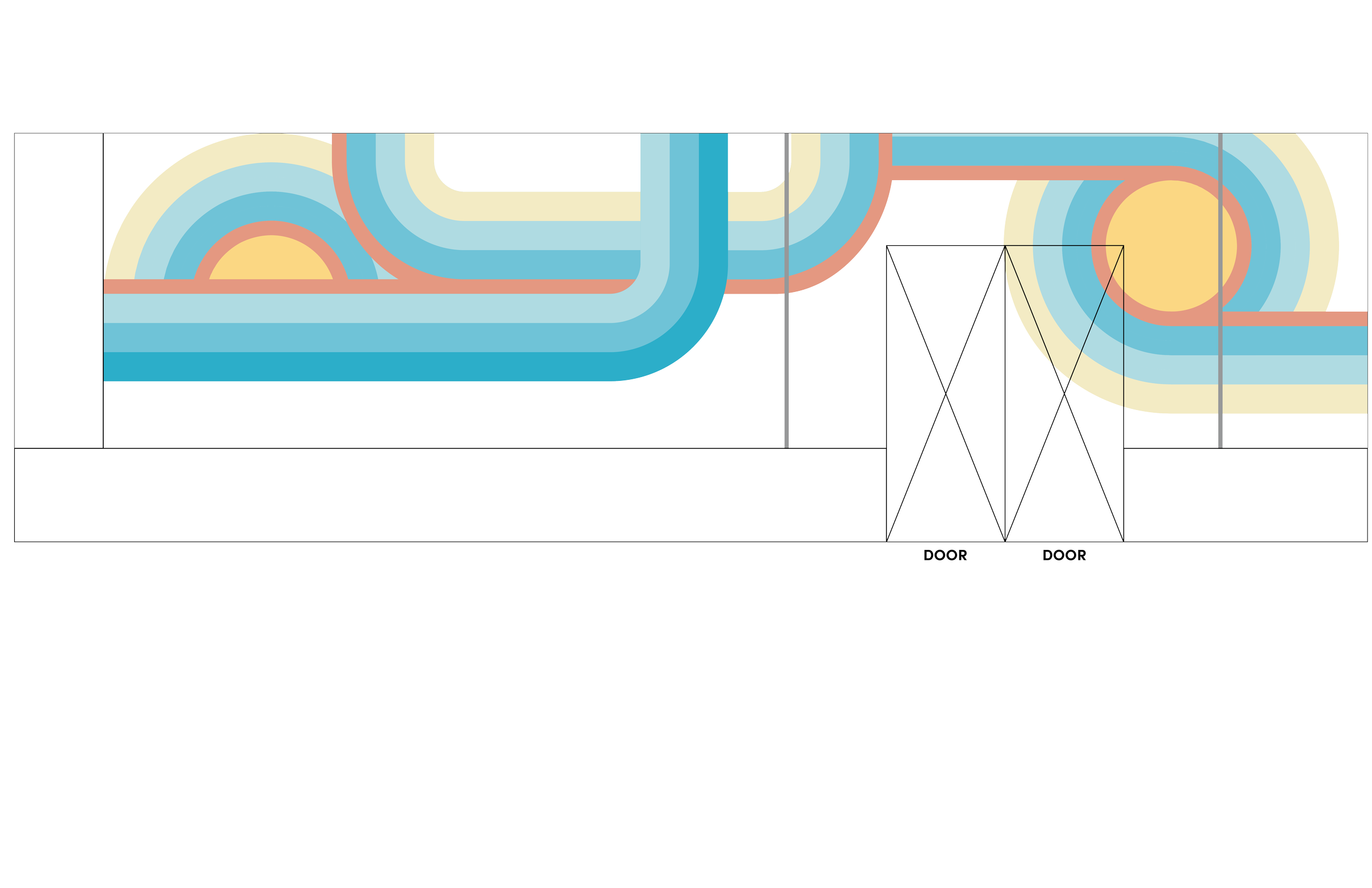 Wide design proof of colorful geometric environmental graphics planned for large commercial wall installation