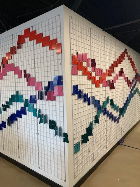 Perspective view of finished dimensional fin wall at Google Santa Cruz, showcasing depth, color sequencing, and custom fabrication.