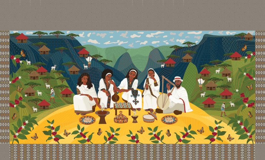 Custom cultural illustration wallcovering featuring a traditional gathering scene in a landscape setting designed for large-scale commercial environmental graphics