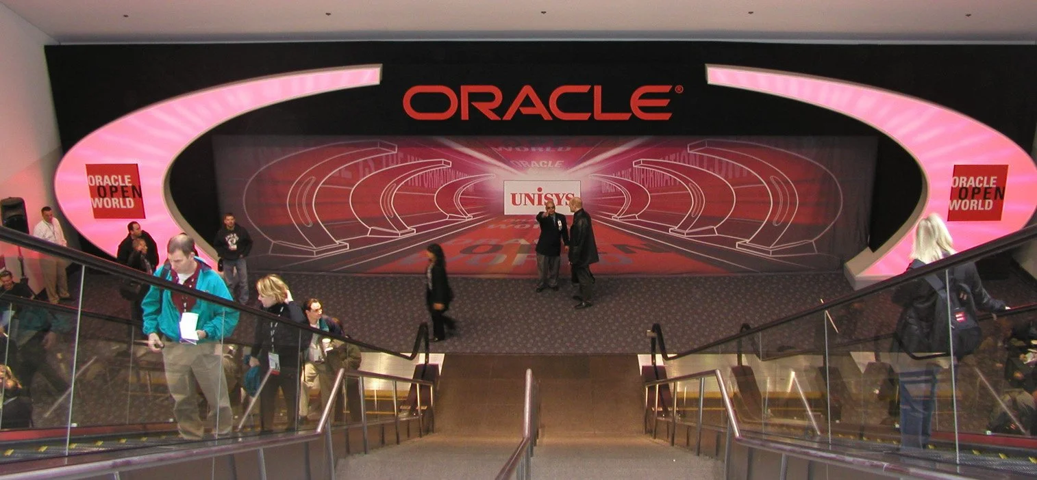 Custom Oracle stage backdrop and event display designed for high-impact brand presentations
