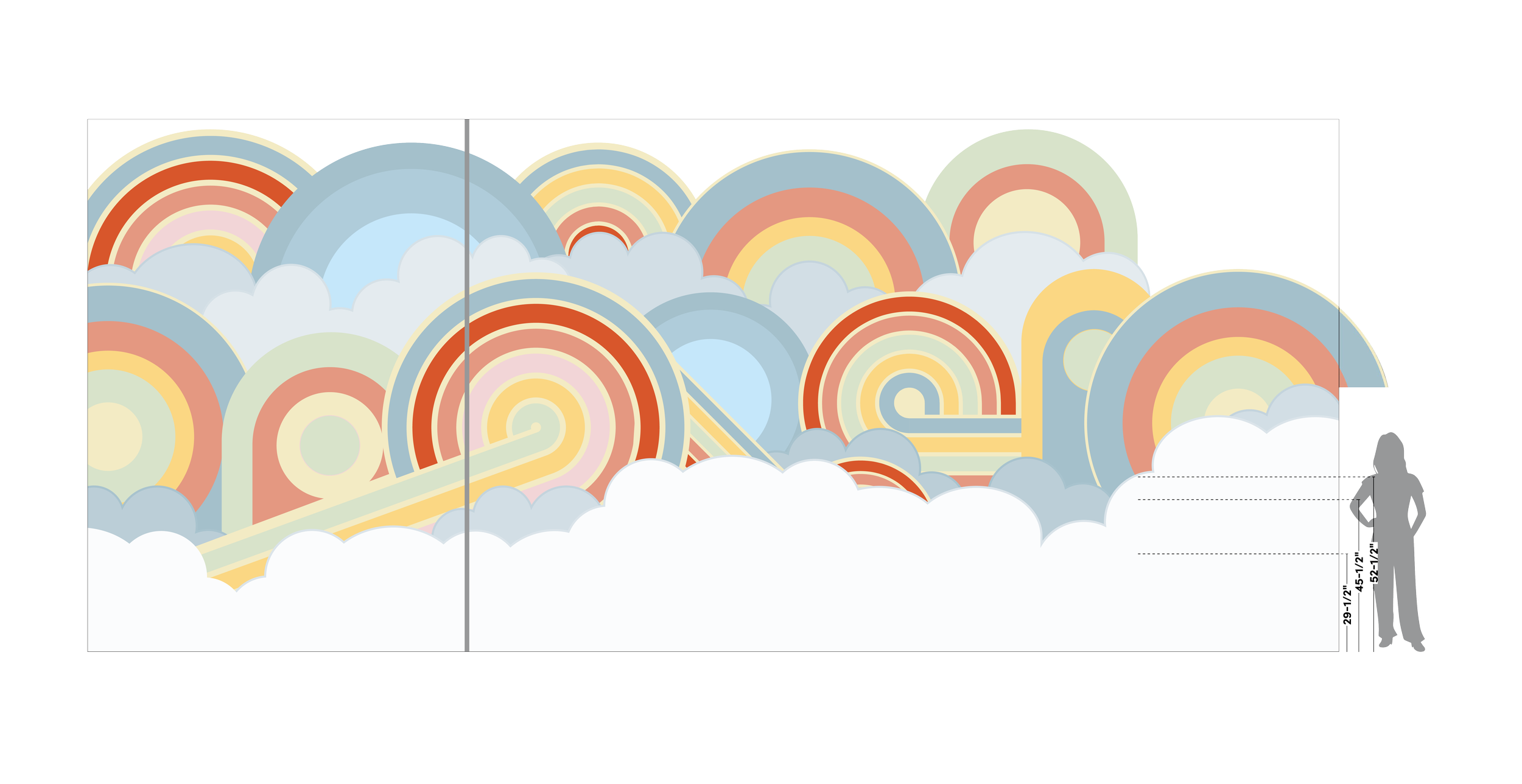 Design proof of custom environmental graphics showing colorful geometric patterns planned for commercial staircase and wall installation